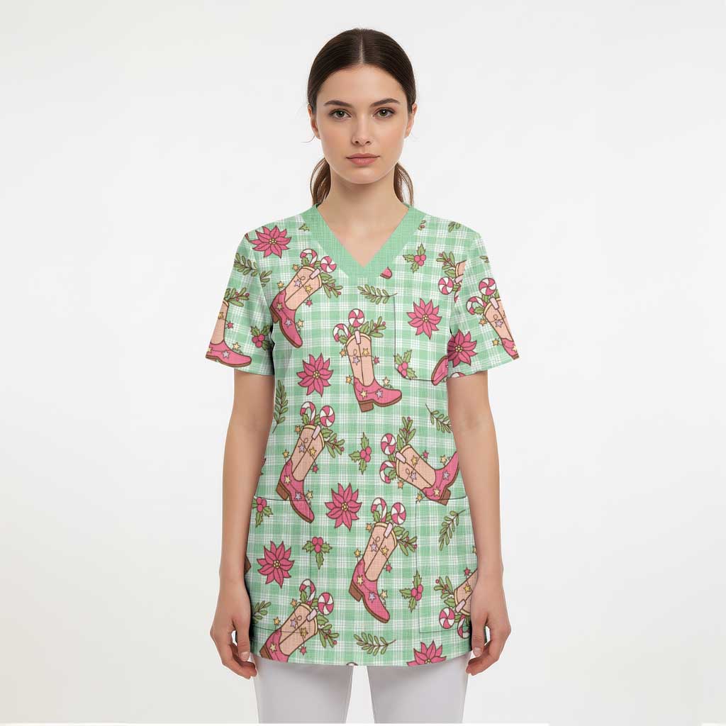 Green Paniolo Palaka Hawaiian Cowgirl Christmas Scrub Top LT9 - Polynesian Pride