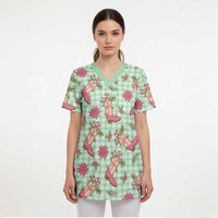 Green Paniolo Palaka Hawaiian Cowgirl Christmas Scrub Top LT9 - Polynesian Pride
