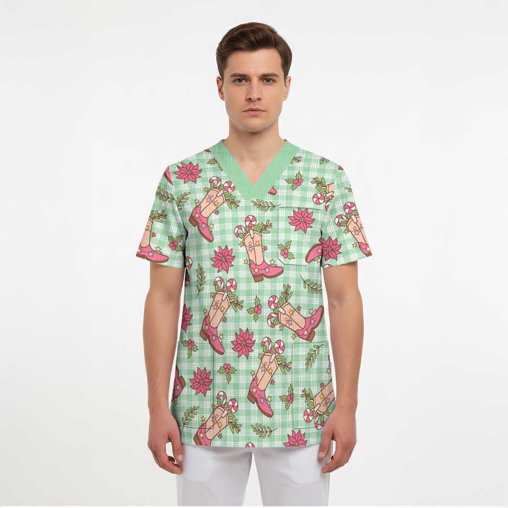 Green Paniolo Palaka Hawaiian Cowgirl Christmas Scrub Top LT9 - Polynesian Pride
