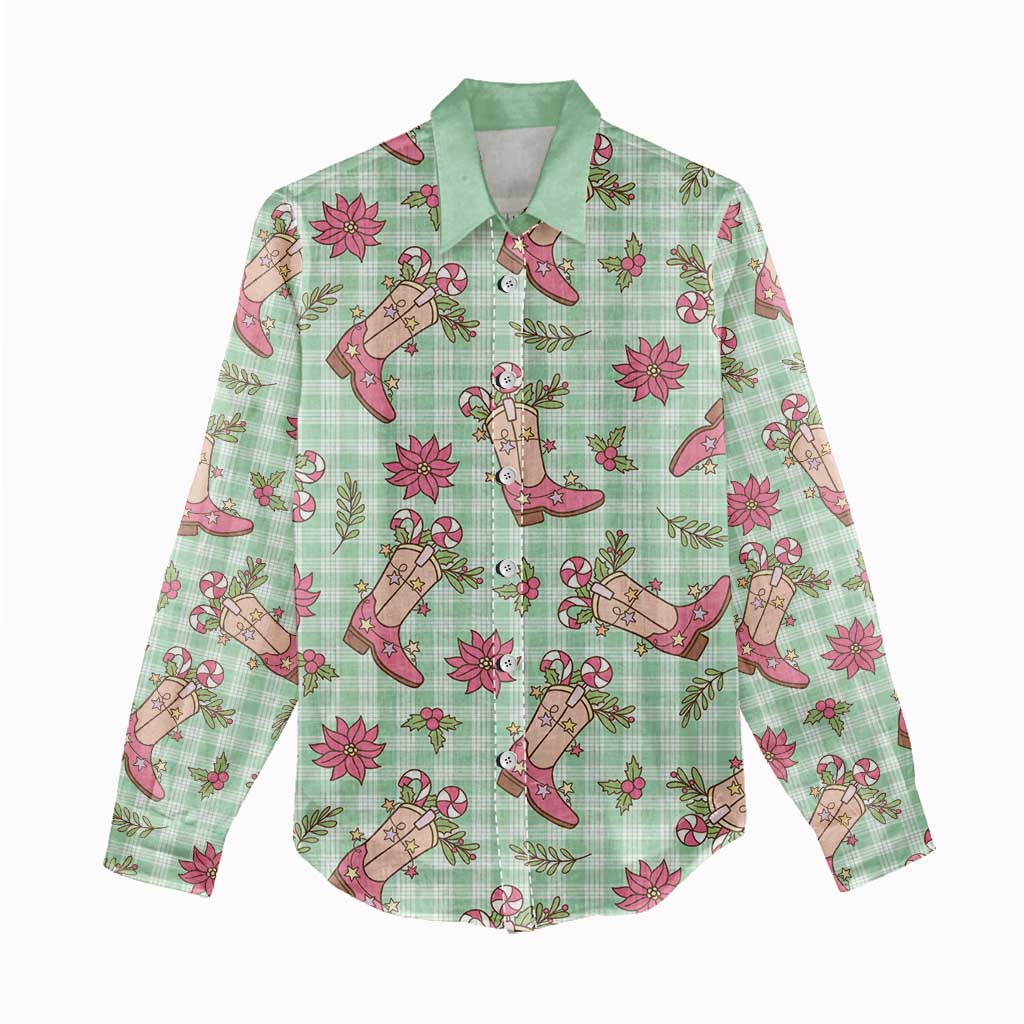 Green Paniolo Palaka Hawaiian Cowgirl Christmas Women Casual Shirt - Polynesian Pride