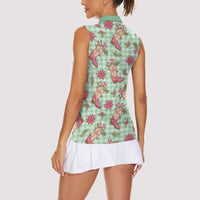 Green Paniolo Palaka Hawaiian Cowgirl Christmas Women Sleeveless Polo Shirt - Polynesian Pride
