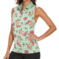 Green Paniolo Palaka Hawaiian Cowgirl Christmas Women Sleeveless Polo Shirt - Polynesian Pride