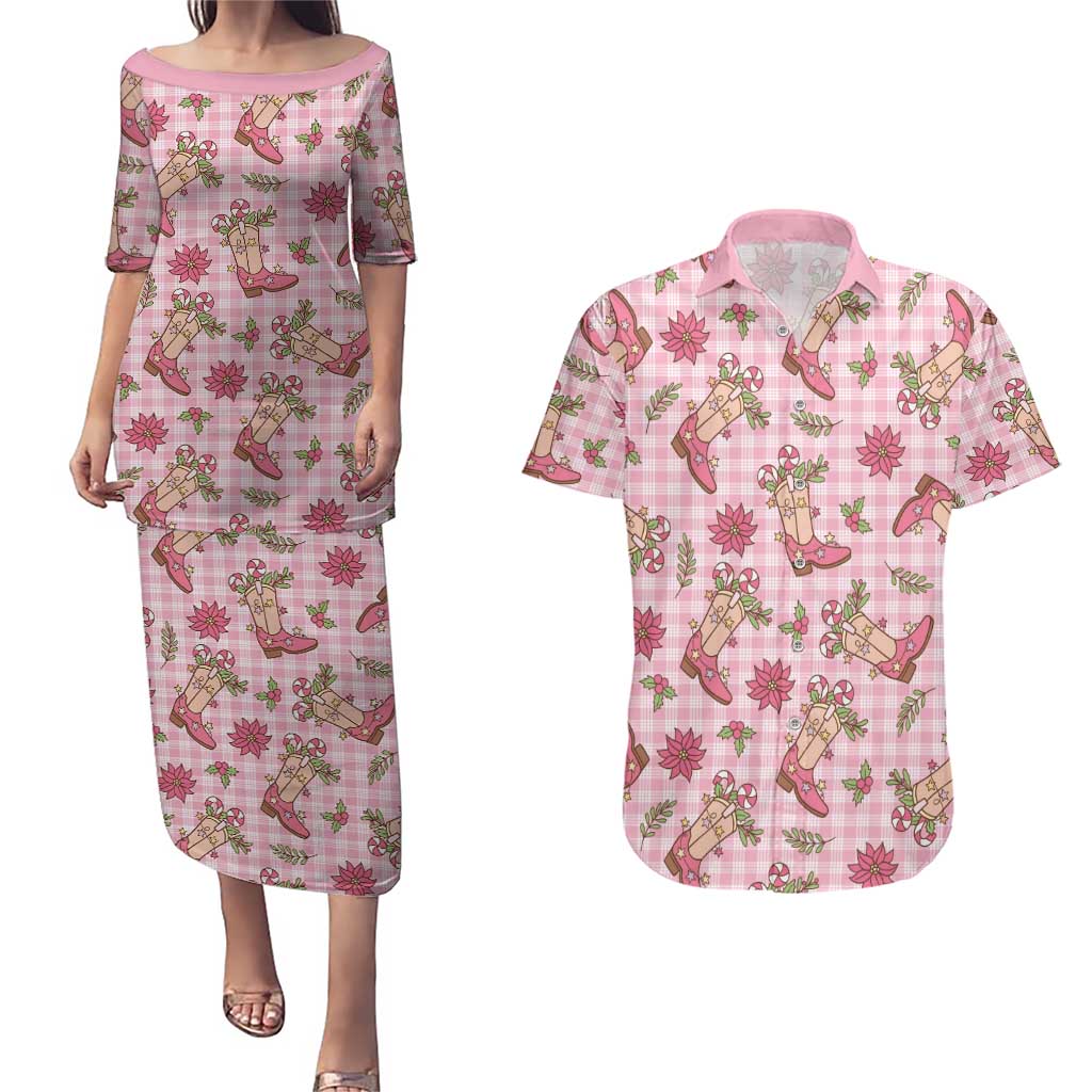 Pink Paniolo Palaka Hawaiian Cowgirl Christmas Couples Matching Puletasi and Hawaiian Shirt - Polynesian Pride