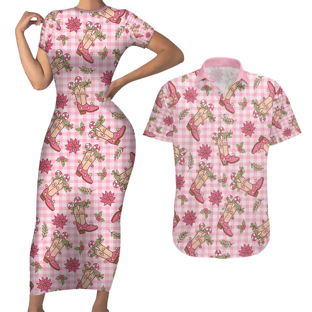 Pink Paniolo Palaka Hawaiian Cowgirl Christmas Couples Matching Short Sleeve Bodycon Dress and Hawaiian Shirt - Polynesian Pride