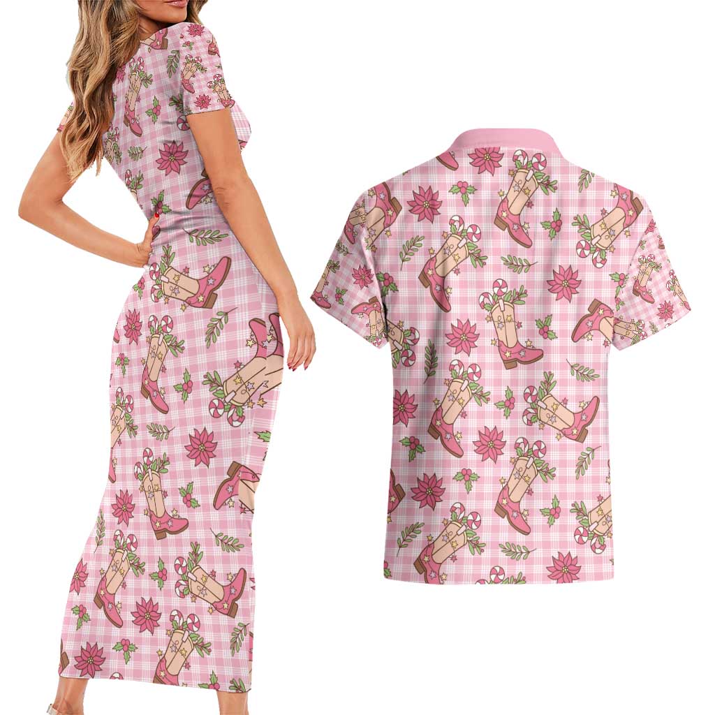 Pink Paniolo Palaka Hawaiian Cowgirl Christmas Couples Matching Short Sleeve Bodycon Dress and Hawaiian Shirt - Polynesian Pride