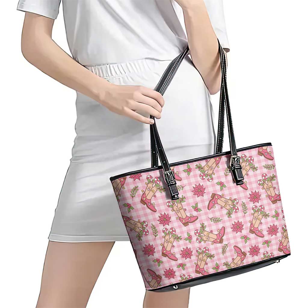 Pink Paniolo Palaka Hawaiian Cowgirl Christmas Leather Tote Bag LT9 - Polynesian Pride