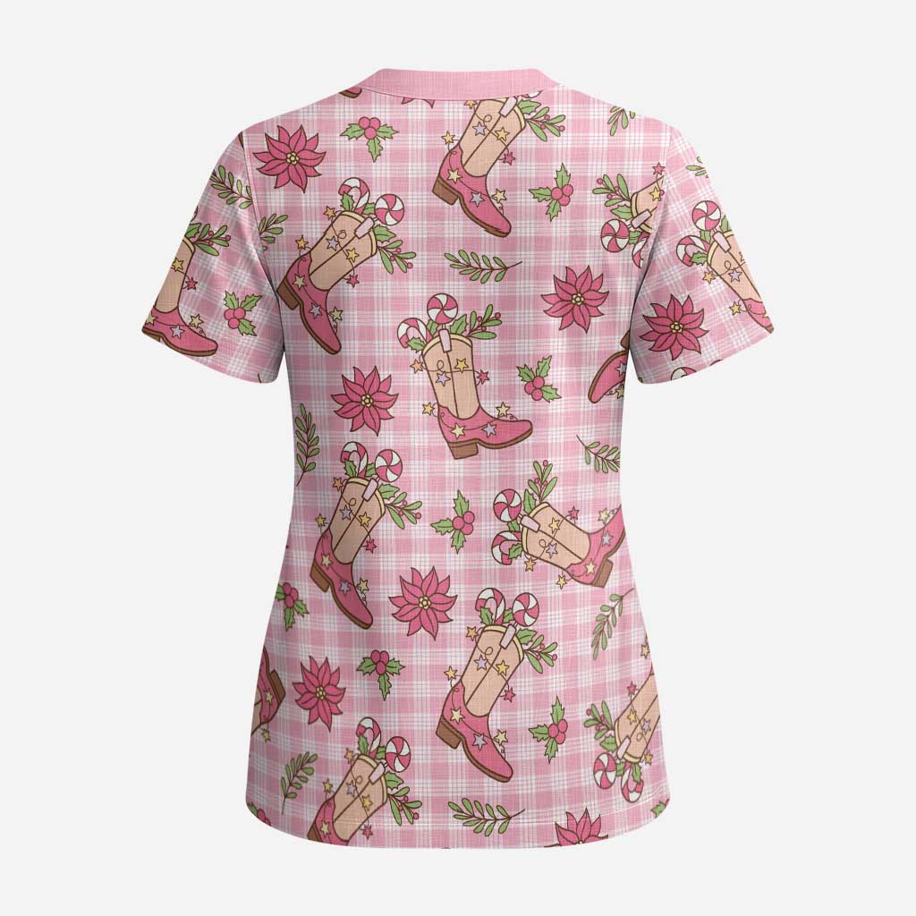 Pink Paniolo Palaka Hawaiian Cowgirl Christmas Scrub Top LT9 - Polynesian Pride