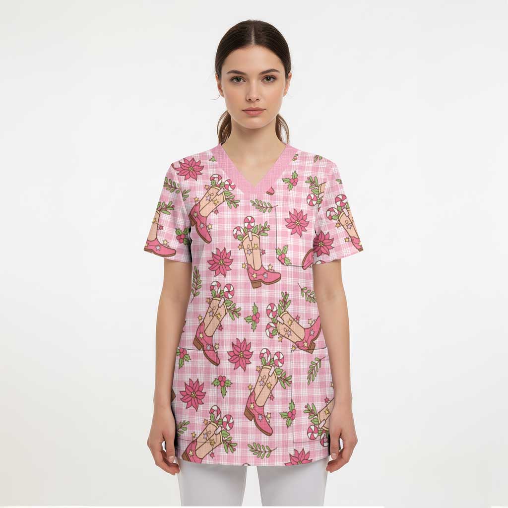 Pink Paniolo Palaka Hawaiian Cowgirl Christmas Scrub Top LT9 - Polynesian Pride