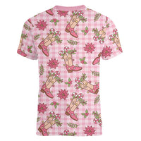 Pink Paniolo Palaka Hawaiian Cowgirl Christmas Women V-Neck T-Shirt - Polynesian Pride