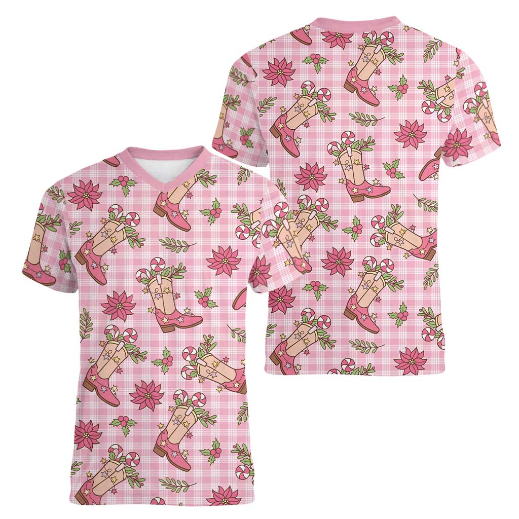 Pink Paniolo Palaka Hawaiian Cowgirl Christmas Women V-Neck T-Shirt - Polynesian Pride