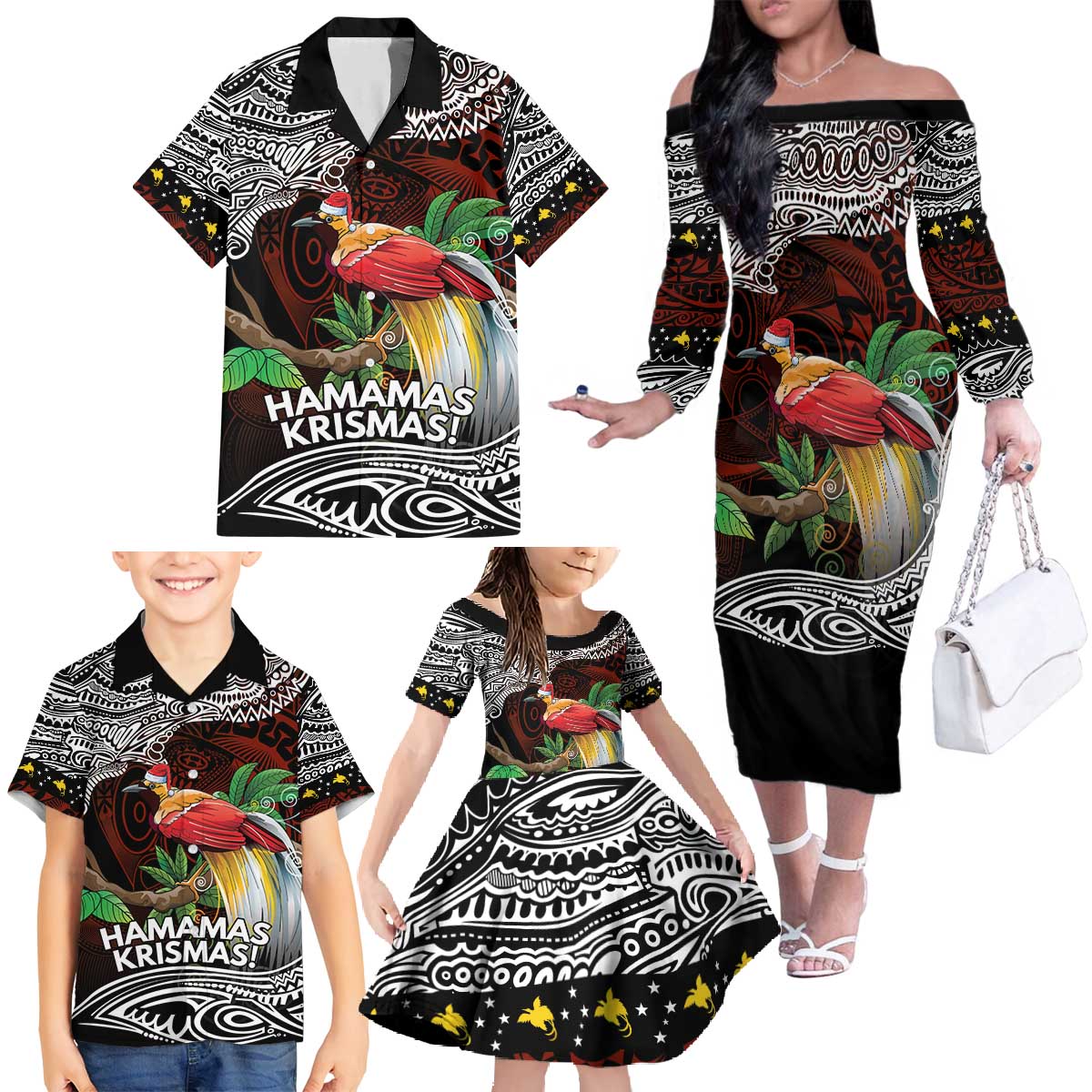 Papua New Guinea Christmas Family Matching Off The Shoulder Long Sleeve Dress and Hawaiian Shirt - Polynesian Pride