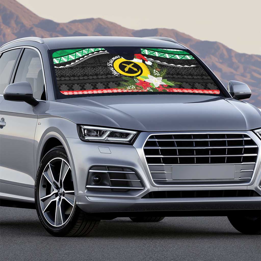 Vanuatu Pig's Tusk Meri Krismas! Auto Sun Shade Vanuatuan Sand Drawing Pattern - Polynesian Pride
