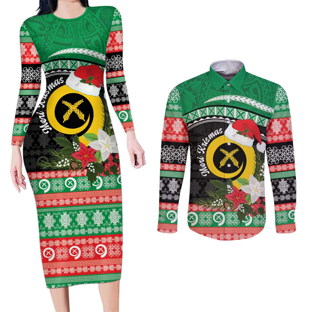 Vanuatu Pig's Tusk Meri Krismas! Couples Matching Long Sleeve Bodycon Dress and Long Sleeve Button Shirt Vanuatuan Sand Drawing Pattern - Polynesian Pride