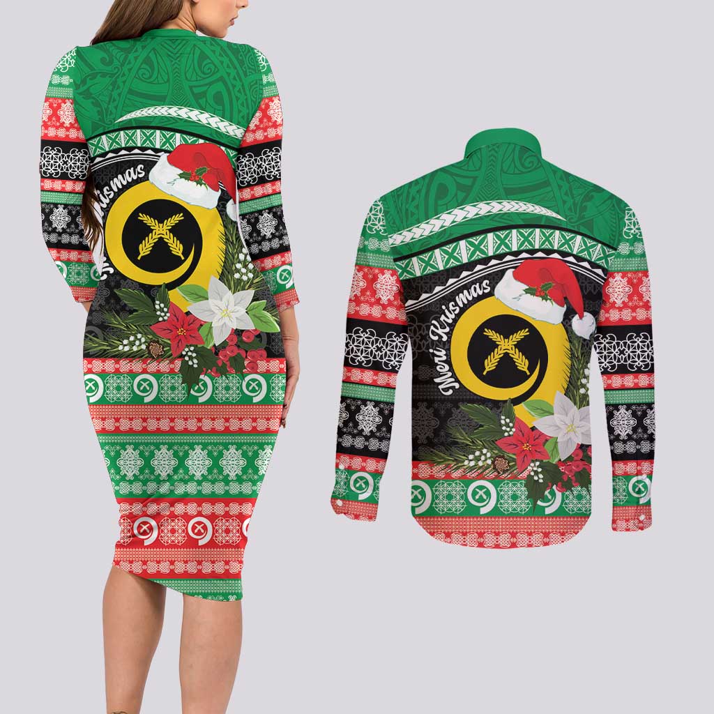 Vanuatu Pig's Tusk Meri Krismas! Couples Matching Long Sleeve Bodycon Dress and Long Sleeve Button Shirt Vanuatuan Sand Drawing Pattern - Polynesian Pride