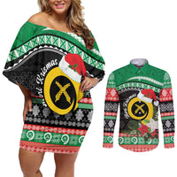 Vanuatu Pig's Tusk Meri Krismas! Couples Matching Off Shoulder Short Dress and Long Sleeve Button Shirt Vanuatuan Sand Drawing Pattern - Polynesian Pride