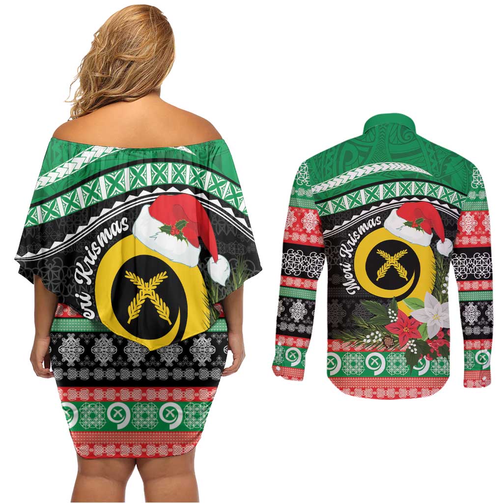 Vanuatu Pig's Tusk Meri Krismas! Couples Matching Off Shoulder Short Dress and Long Sleeve Button Shirt Vanuatuan Sand Drawing Pattern - Polynesian Pride