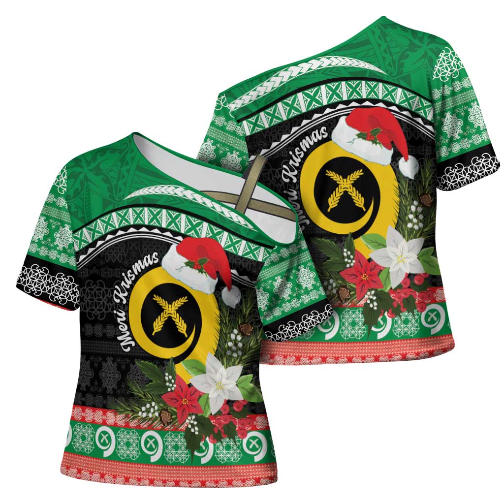 Vanuatu Pig's Tusk Meri Krismas! Cross Shoulder Shirt Vanuatuan Sand Drawing Pattern - Polynesian Pride