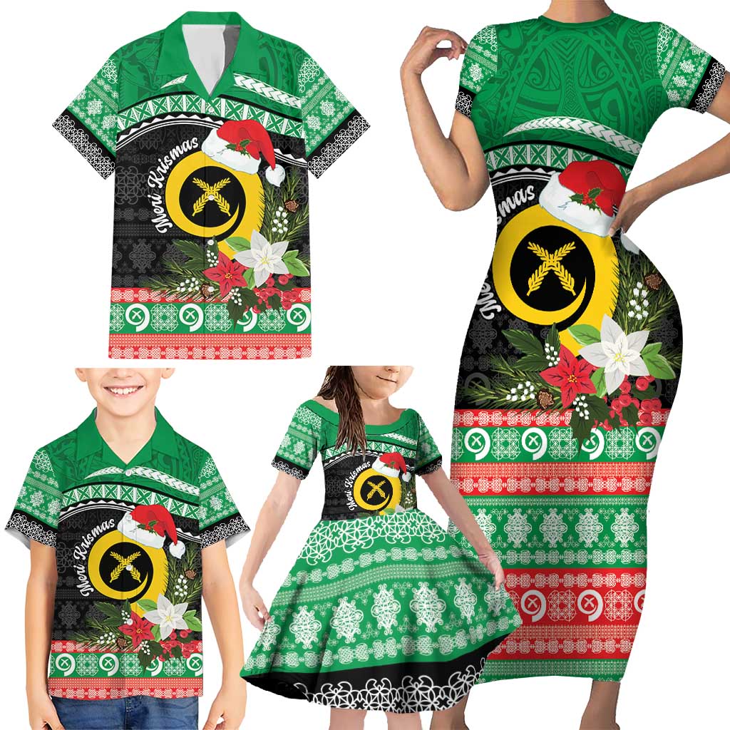 Vanuatu Pig's Tusk Meri Krismas! Family Matching Short Sleeve Bodycon Dress and Hawaiian Shirt Vanuatuan Sand Drawing Pattern - Polynesian Pride