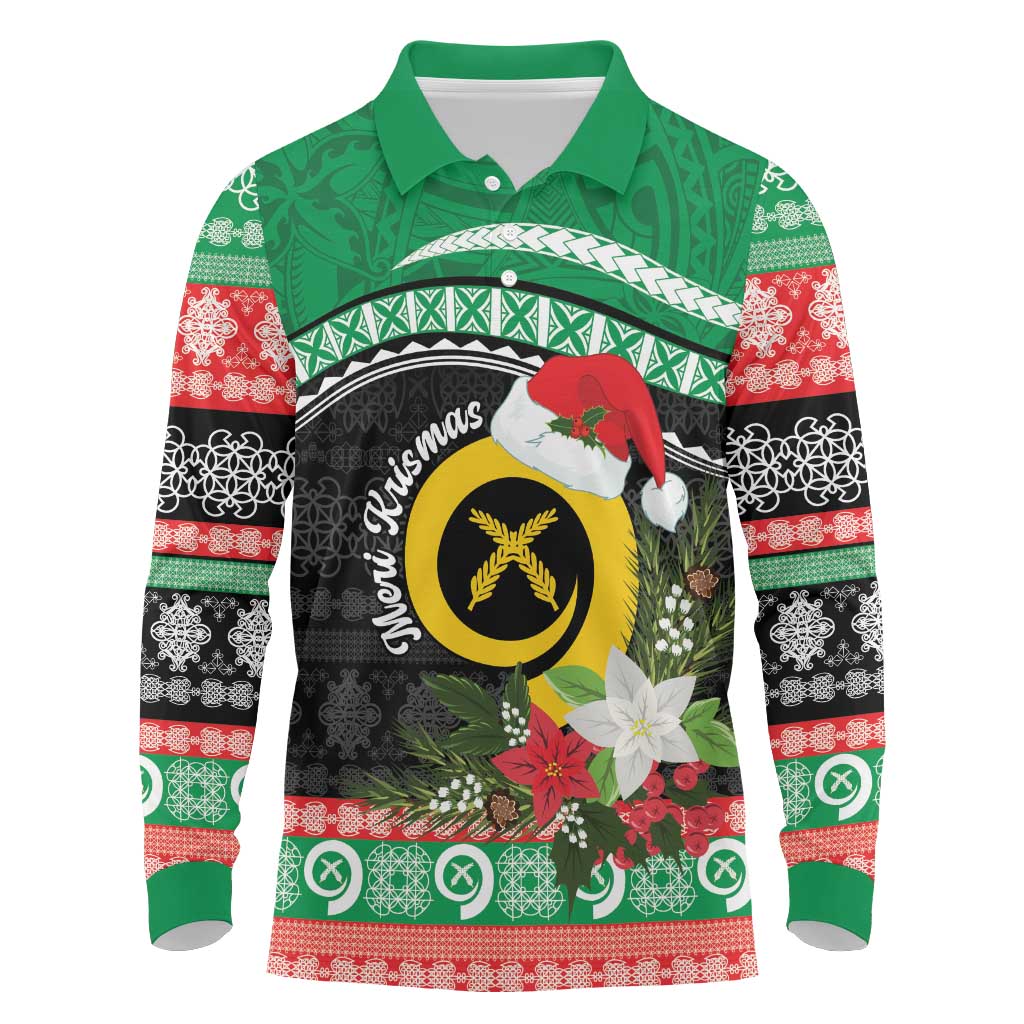 Vanuatu Pig's Tusk Meri Krismas! Long Sleeve Polo Shirt Vanuatuan Sand Drawing Pattern - Polynesian Pride