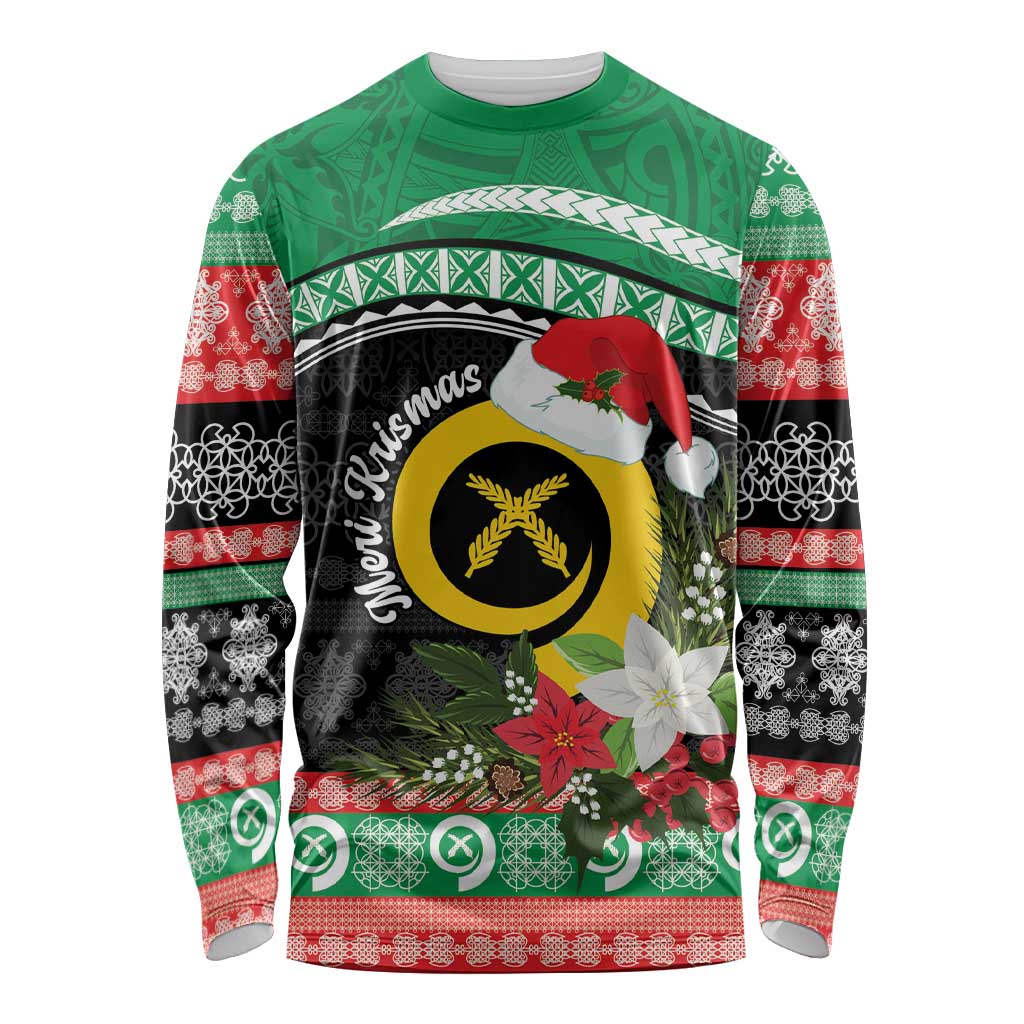 Vanuatu Pig's Tusk Meri Krismas! Long Sleeve Shirt Vanuatuan Sand Drawing Pattern LT9 Unisex Green - Polynesian Pride