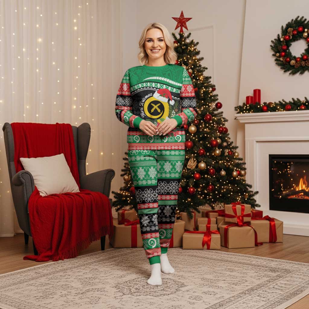 Vanuatu Pig's Tusk Meri Krismas! Christmas Pajama Set Vanuatuan Sand Drawing Pattern LT9 Women Green - Polynesian Pride