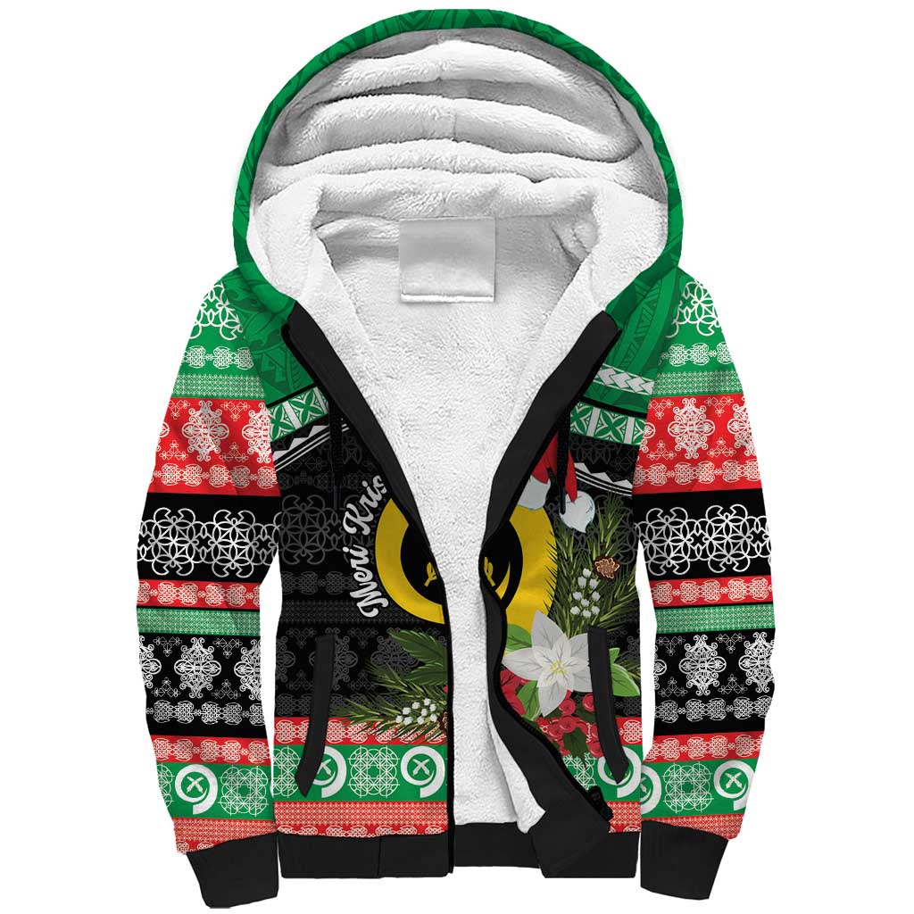 Vanuatu Pig's Tusk Meri Krismas! Sherpa Hoodie Vanuatuan Sand Drawing Pattern LT9 Unisex Green - Polynesian Pride