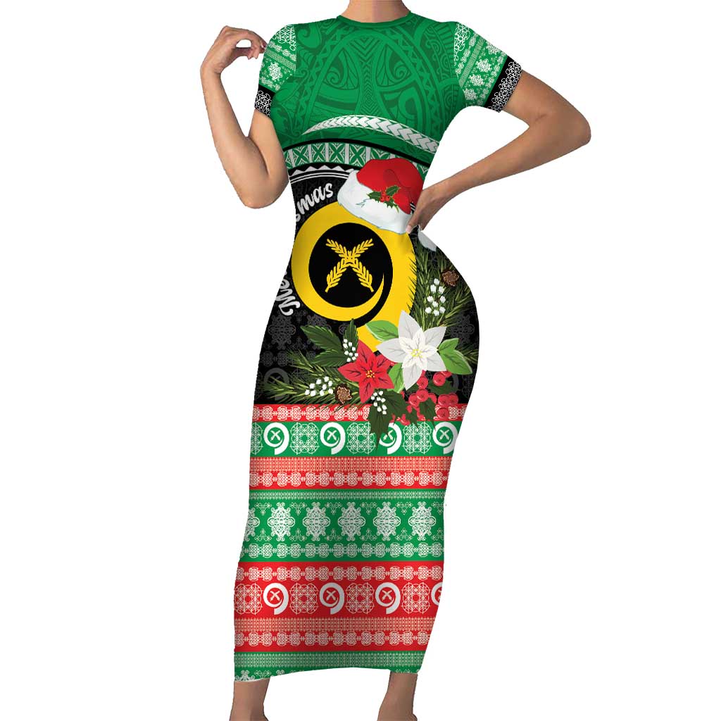 Vanuatu Pig's Tusk Meri Krismas! Short Sleeve Bodycon Dress Vanuatuan Sand Drawing Pattern - Polynesian Pride