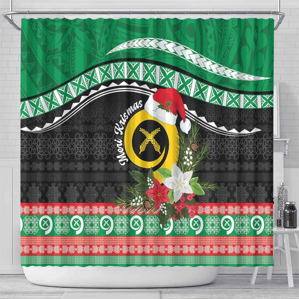 Vanuatu Pig's Tusk Meri Krismas! Shower Curtain Vanuatuan Sand Drawing Pattern - Polynesian Pride