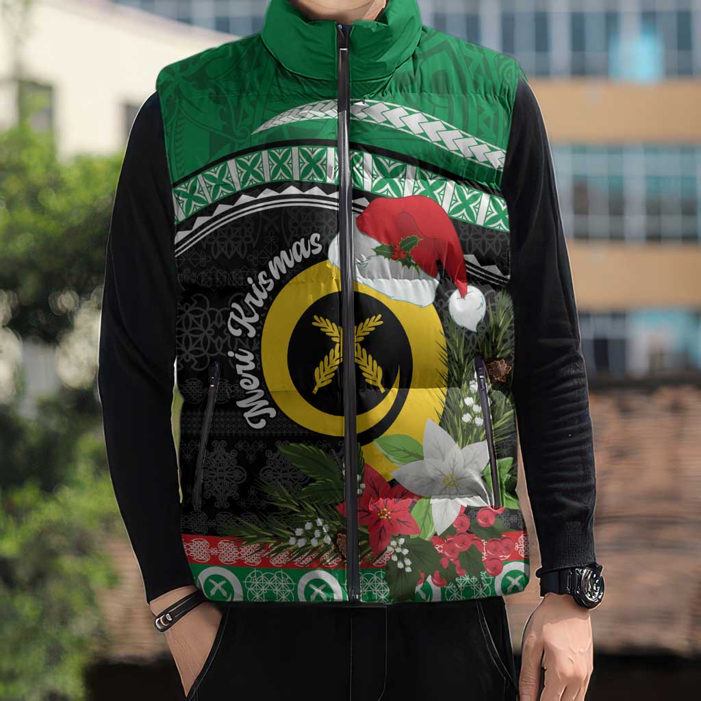 Vanuatu Pig's Tusk Meri Krismas! Sleeveless Puffer Jacket Vanuatuan Sand Drawing Pattern - Polynesian Pride
