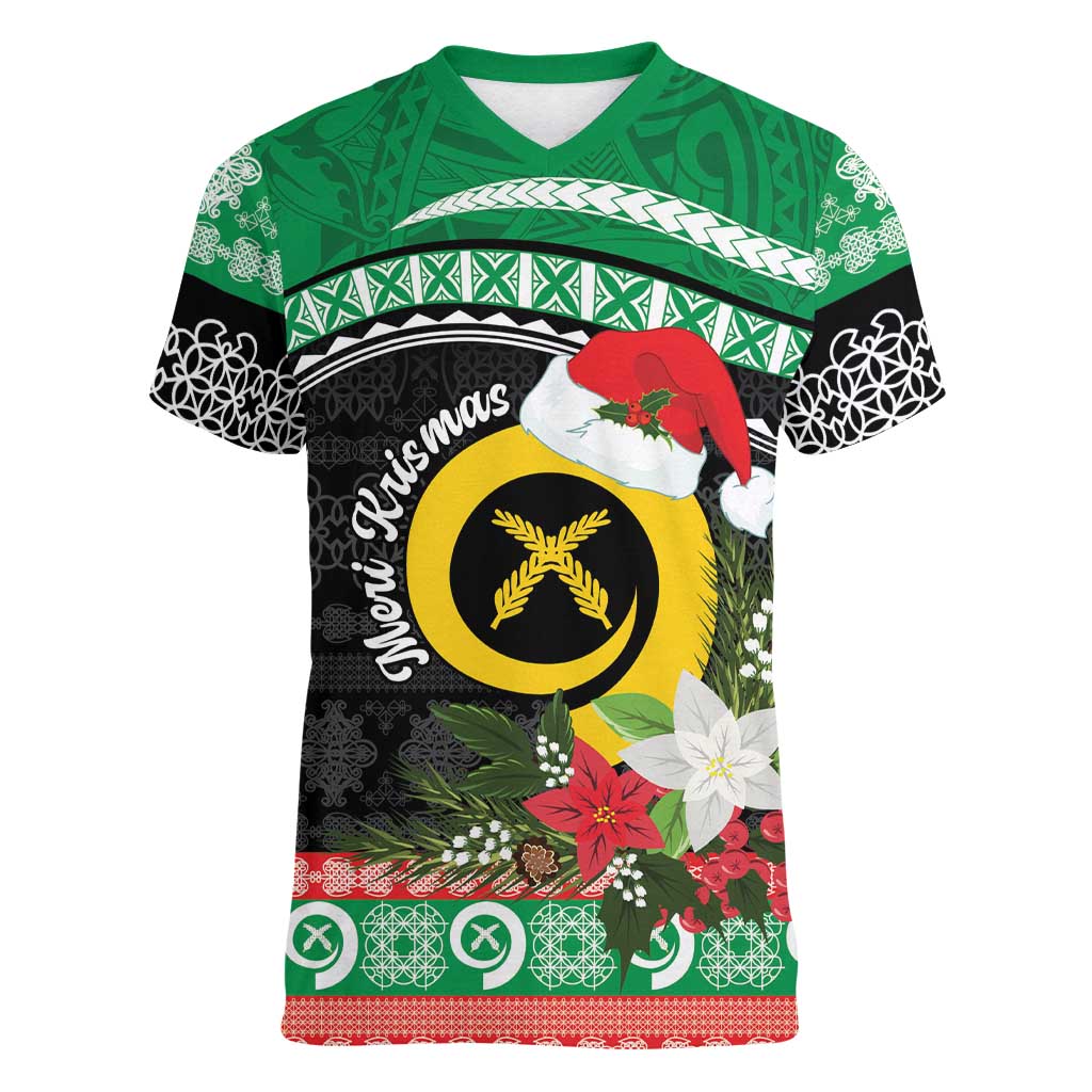 Vanuatu Pig's Tusk Meri Krismas! Women V-Neck T-Shirt Vanuatuan Sand Drawing Pattern LT9 Female Green - Polynesian Pride
