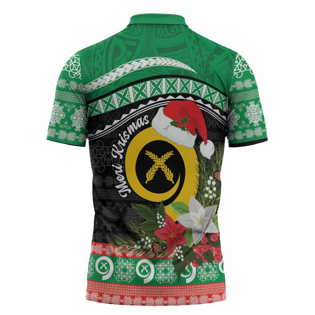 Vanuatu Pig's Tusk Meri Krismas! Zipper Polo Shirt Vanuatuan Sand Drawing Pattern - Polynesian Pride
