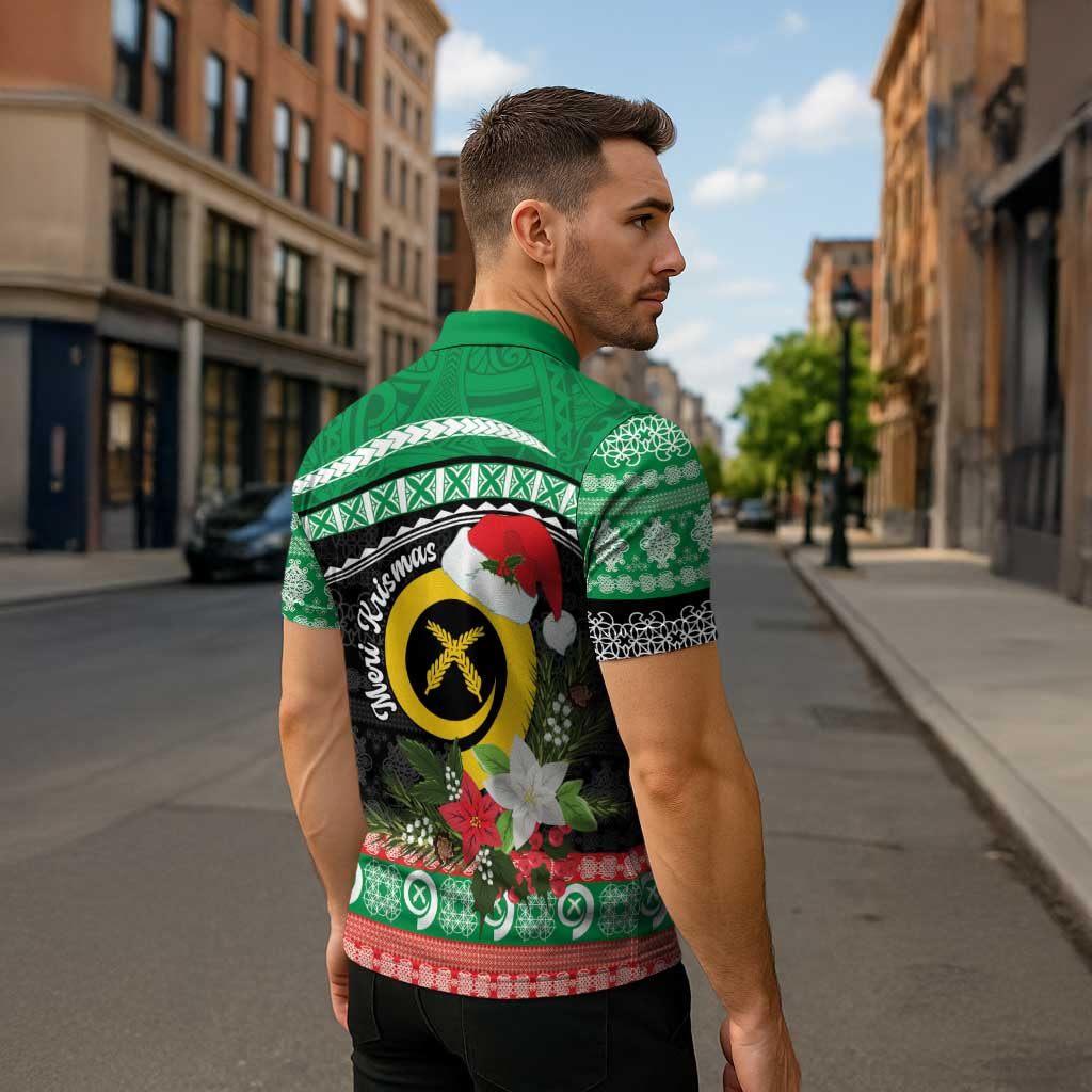 Vanuatu Pig's Tusk Meri Krismas! Zipper Polo Shirt Vanuatuan Sand Drawing Pattern - Polynesian Pride