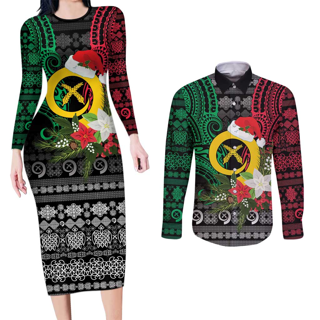 Vanuatu Pig's Tusk Meri Krismas! Couples Matching Long Sleeve Bodycon Dress and Long Sleeve Button Shirt Vanuatuan Ancient Art Spirit - Polynesian Pride
