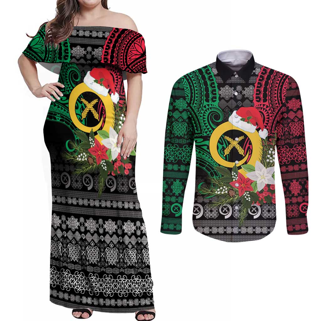 Vanuatu Pig's Tusk Meri Krismas! Couples Matching Off Shoulder Maxi Dress and Long Sleeve Button Shirt Vanuatuan Ancient Art Spirit - Polynesian Pride
