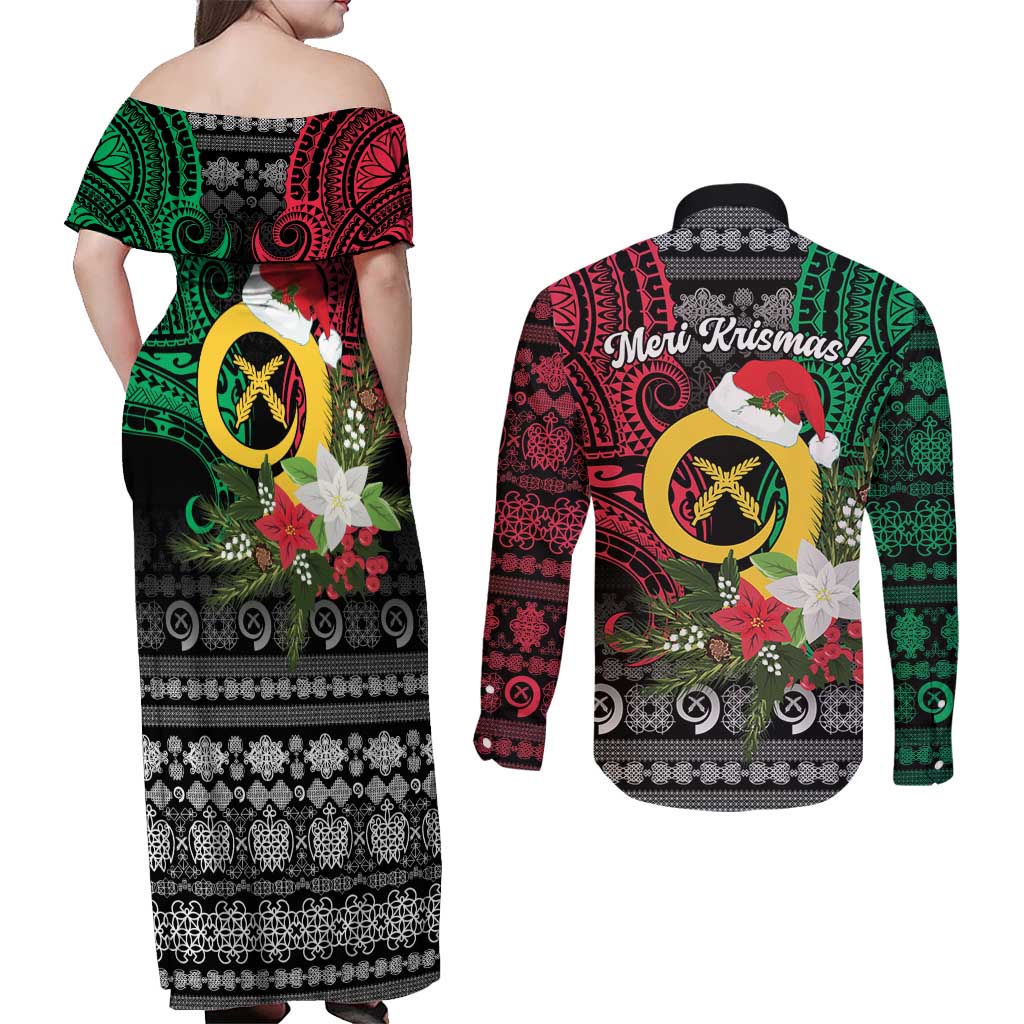 Vanuatu Pig's Tusk Meri Krismas! Couples Matching Off Shoulder Maxi Dress and Long Sleeve Button Shirt Vanuatuan Ancient Art Spirit - Polynesian Pride