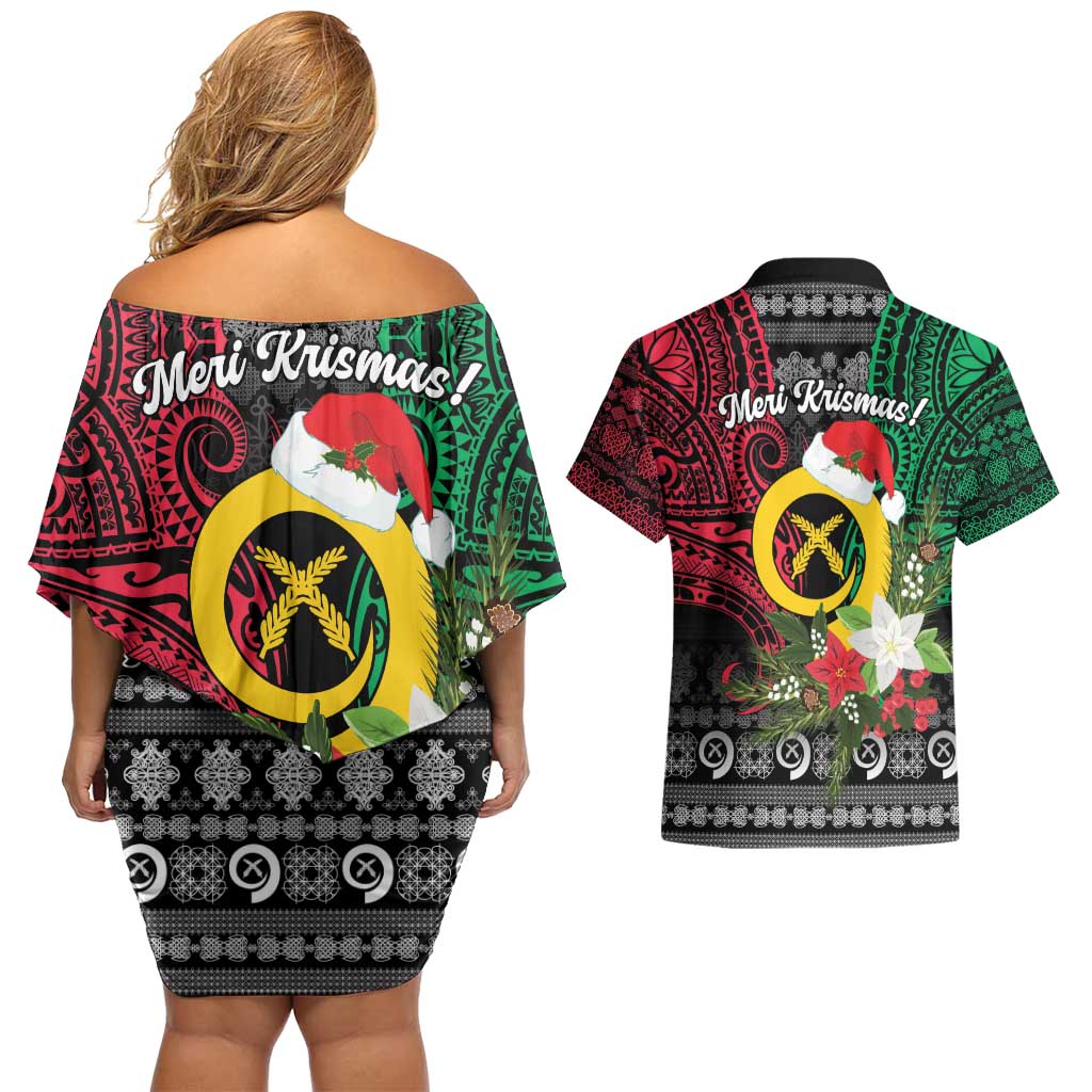 Vanuatu Pig's Tusk Meri Krismas! Couples Matching Off Shoulder Short Dress and Hawaiian Shirt Vanuatuan Ancient Art Spirit - Polynesian Pride