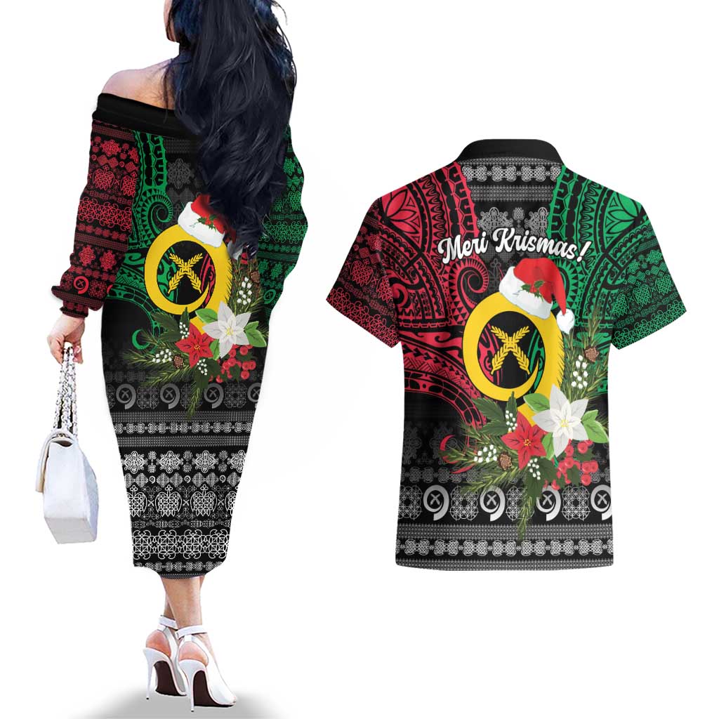 Vanuatu Pig's Tusk Meri Krismas! Couples Matching Off The Shoulder Long Sleeve Dress and Hawaiian Shirt Vanuatuan Ancient Art Spirit - Polynesian Pride