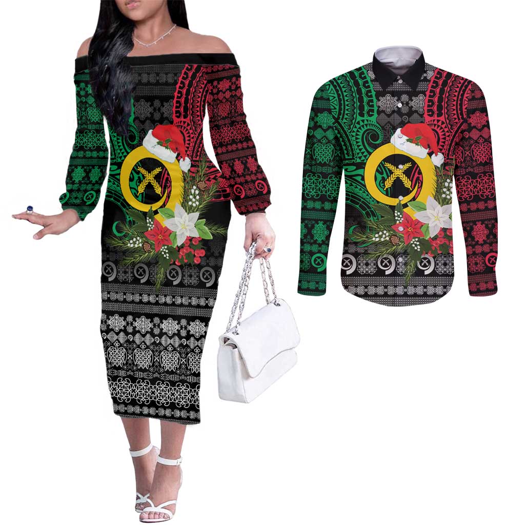 Vanuatu Pig's Tusk Meri Krismas! Couples Matching Off The Shoulder Long Sleeve Dress and Long Sleeve Button Shirt Vanuatuan Ancient Art Spirit - Polynesian Pride
