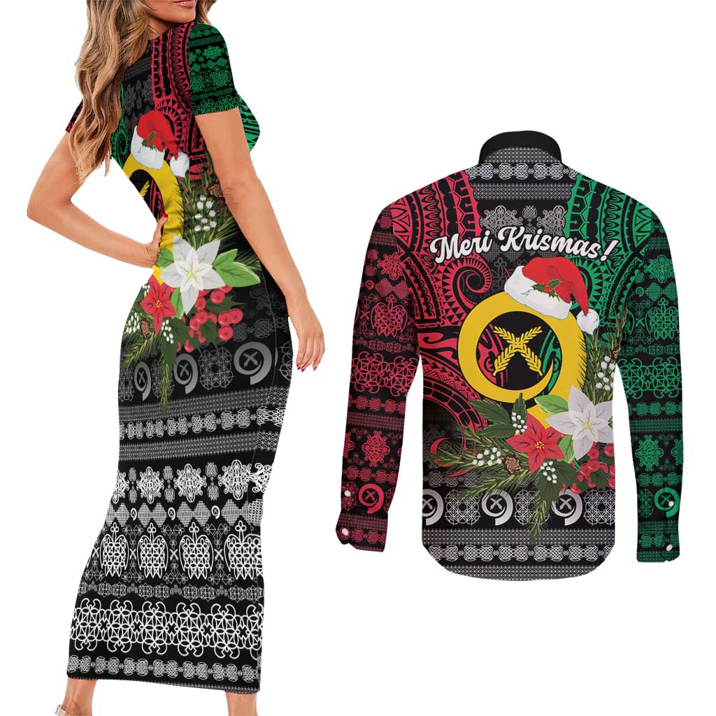 Vanuatu Pig's Tusk Meri Krismas! Couples Matching Short Sleeve Bodycon Dress and Long Sleeve Button Shirt Vanuatuan Ancient Art Spirit - Polynesian Pride