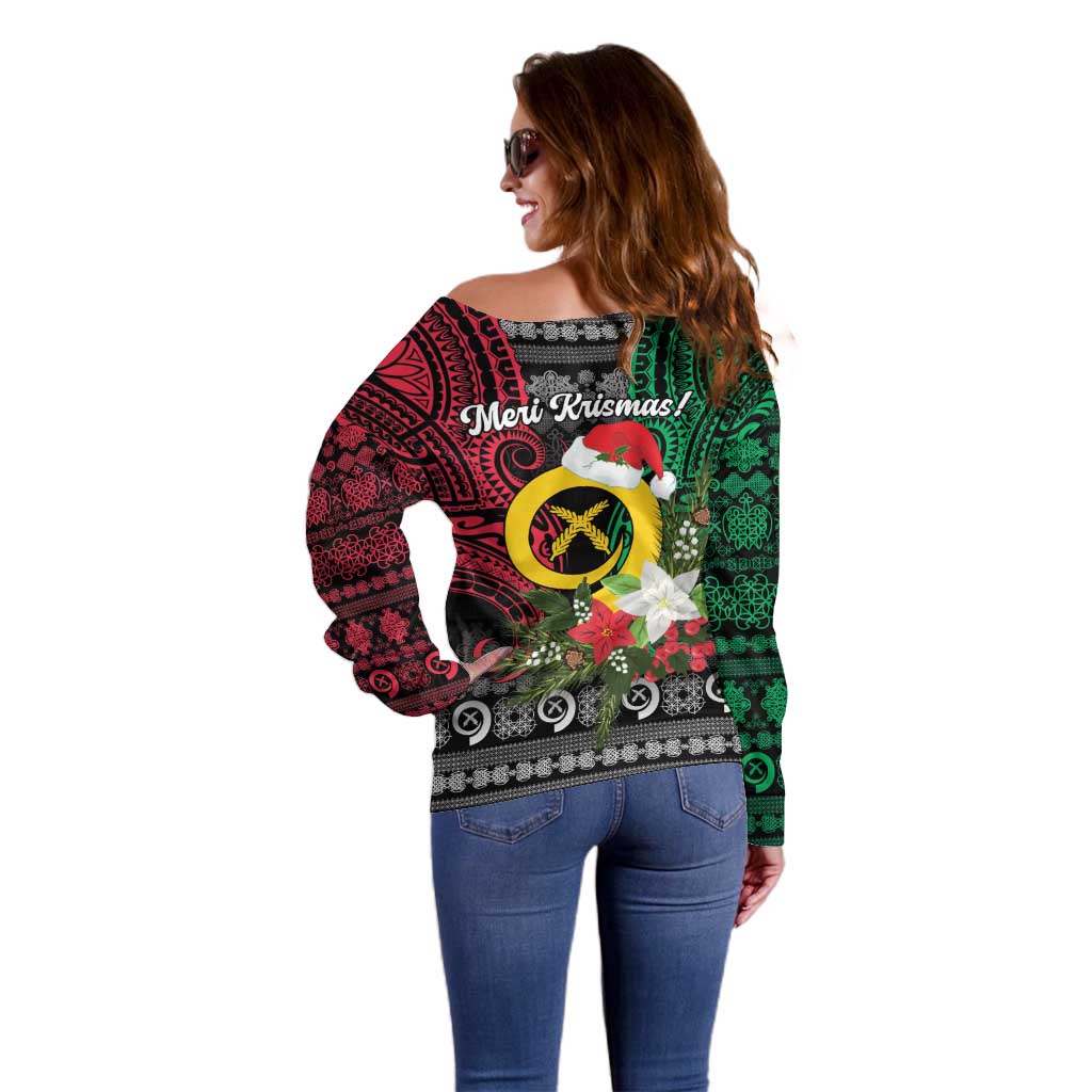 Vanuatu Pig's Tusk Meri Krismas! Off Shoulder Sweater Vanuatuan Ancient Art Spirit - Polynesian Pride