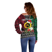 Vanuatu Pig's Tusk Meri Krismas! Off Shoulder Sweater Vanuatuan Ancient Art Spirit - Polynesian Pride