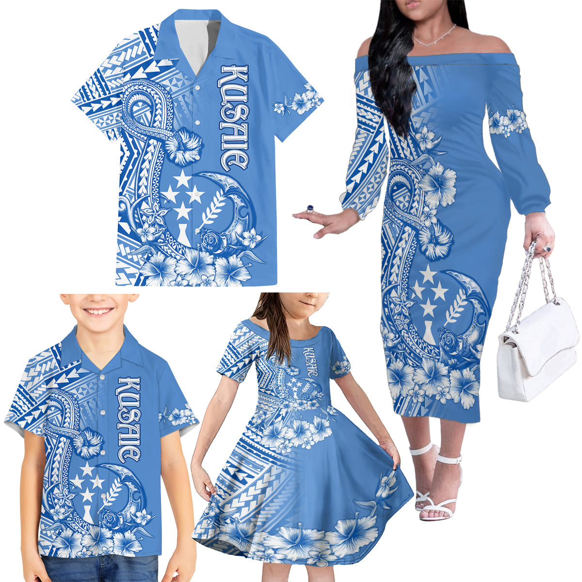 Kosrae Constitution Day Personalised Family Matching Off Shoulder Long Sleeve Dress and Hawaiian Shirt Kusaie Hook Tattoo Special Polynesian Pattern LT9 - Polynesian Pride