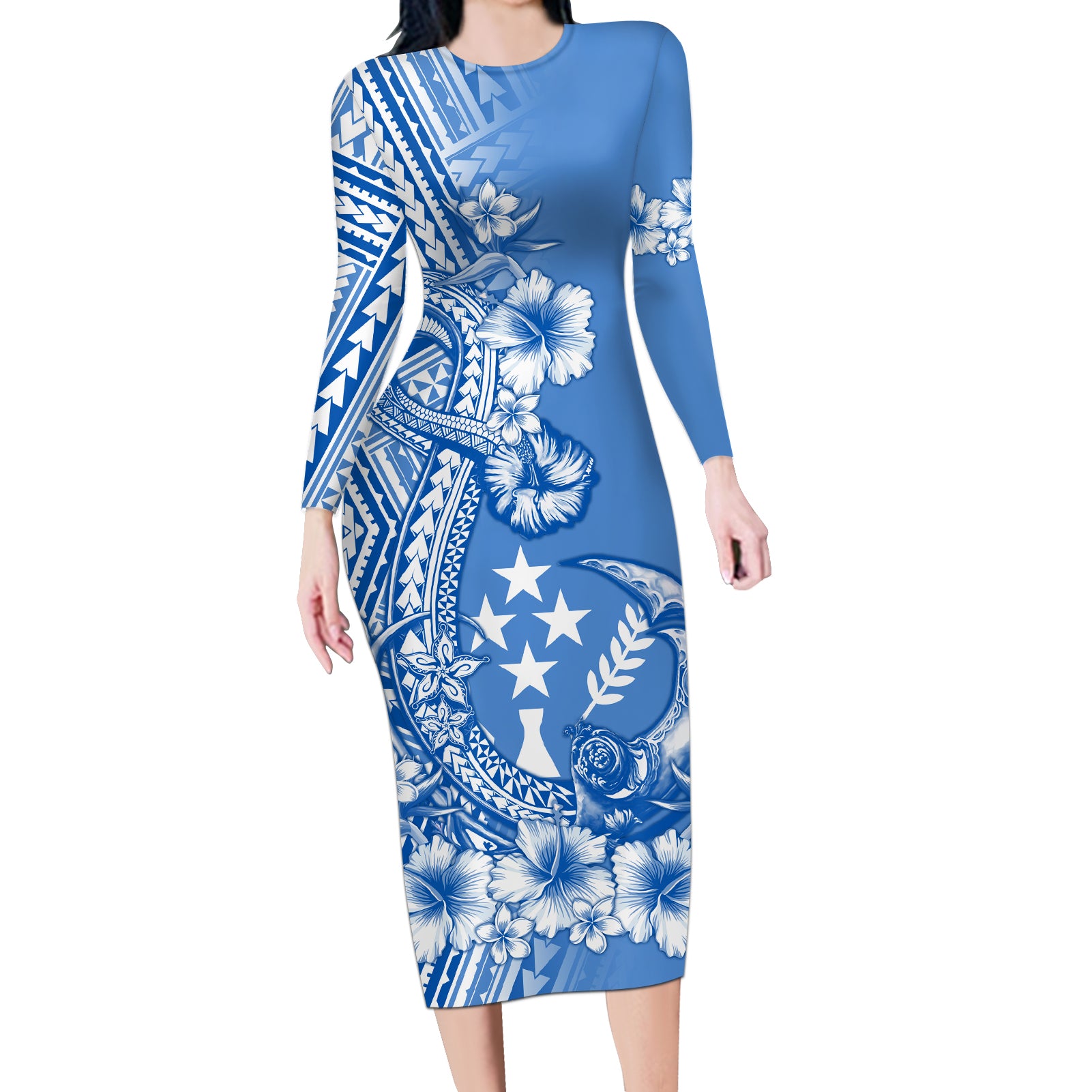 Kosrae Constitution Day Personalised Long Sleeve Bodycon Dress Kusaie Hook Tattoo Special Polynesian Pattern LT9 Long Dress Blue - Polynesian Pride