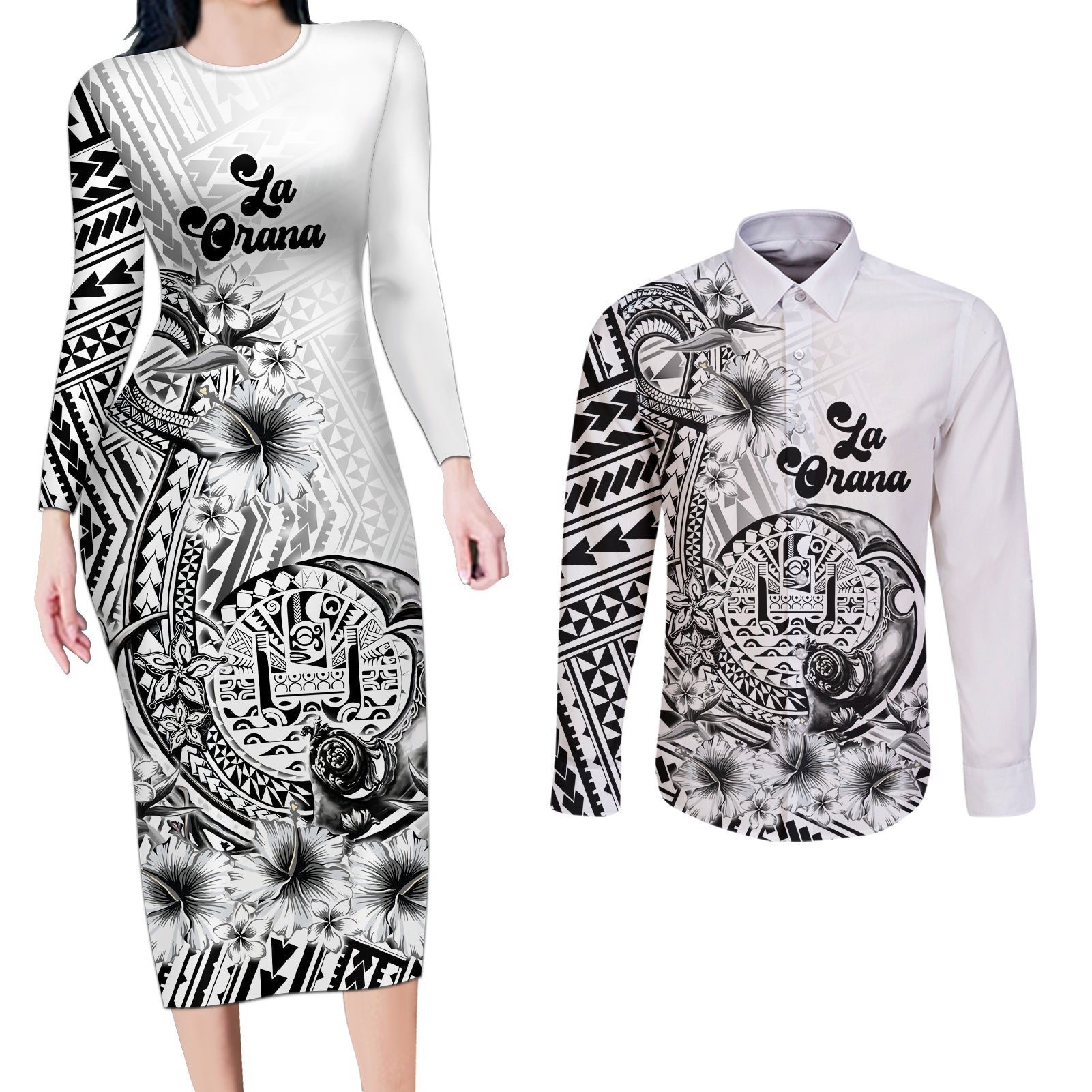 La Orana Tahiti Personalised Couples Matching Long Sleeve Bodycon Dress and Long Sleeve Button Shirt French Polynesia Hook Tattoo Special White Color LT9 White - Polynesian Pride