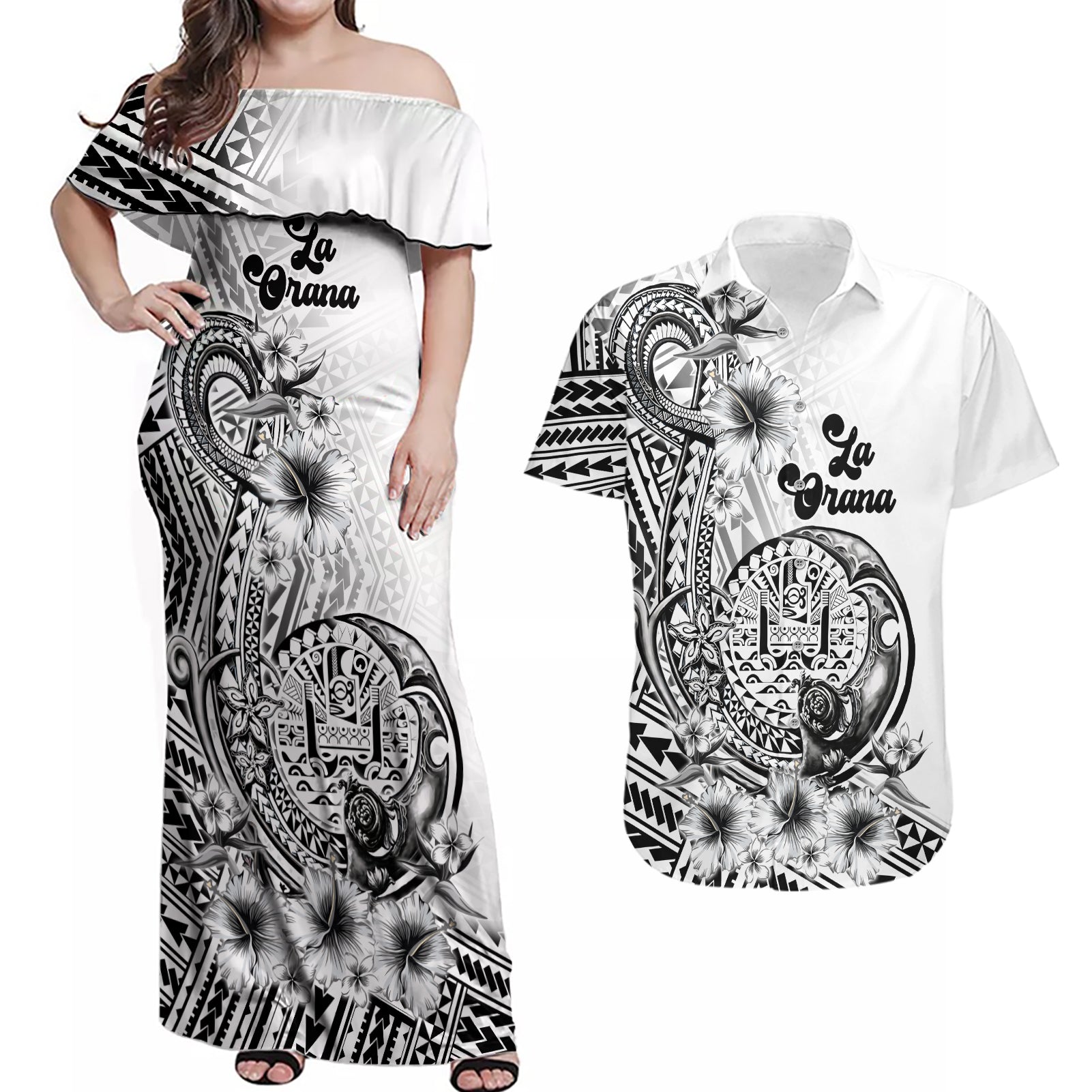 La Orana Tahiti Personalised Couples Matching Off Shoulder Maxi Dress and Hawaiian Shirt French Polynesia Hook Tattoo Special White Color LT9 White - Polynesian Pride