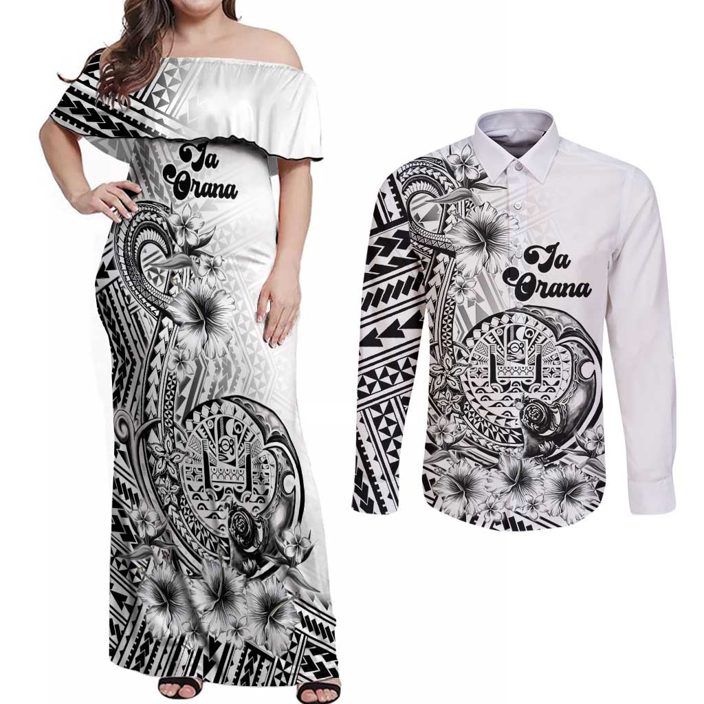 Ia Orana Tahiti Personalised Couples Matching Off Shoulder Maxi Dress and Long Sleeve Button Shirt French Polynesia Hook Tattoo Special White Color LT9