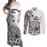 Ia Orana Tahiti Personalised Couples Matching Off Shoulder Maxi Dress and Long Sleeve Button Shirt French Polynesia Hook Tattoo Special White Color LT9