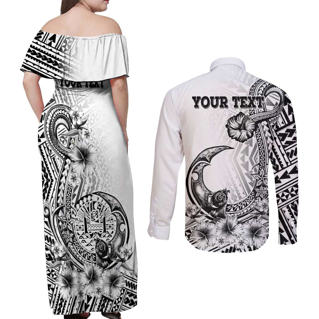 Ia Orana Tahiti Personalised Couples Matching Off Shoulder Maxi Dress and Long Sleeve Button Shirt French Polynesia Hook Tattoo Special White Color LT9