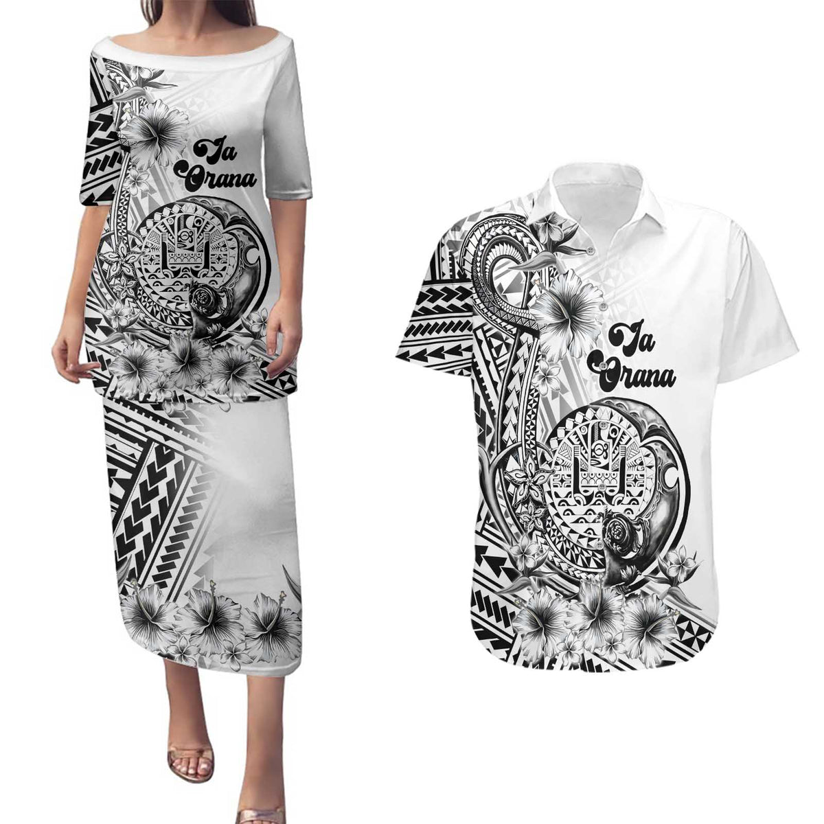 Ia Orana Tahiti Personalised Couples Matching Puletasi Dress and Hawaiian Shirt French Polynesia Hook Tattoo Special White Color LT9