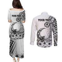 Ia Orana Tahiti Personalised Couples Matching Puletasi Dress and Long Sleeve Button Shirt French Polynesia Hook Tattoo Special White Color LT9
